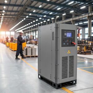 Current Source Inverter (CSI) in a factory with workers and conduits, industrial lighting.