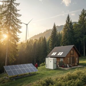 Residential energy storage system beside a cabin with solar panels and a wind turbin.